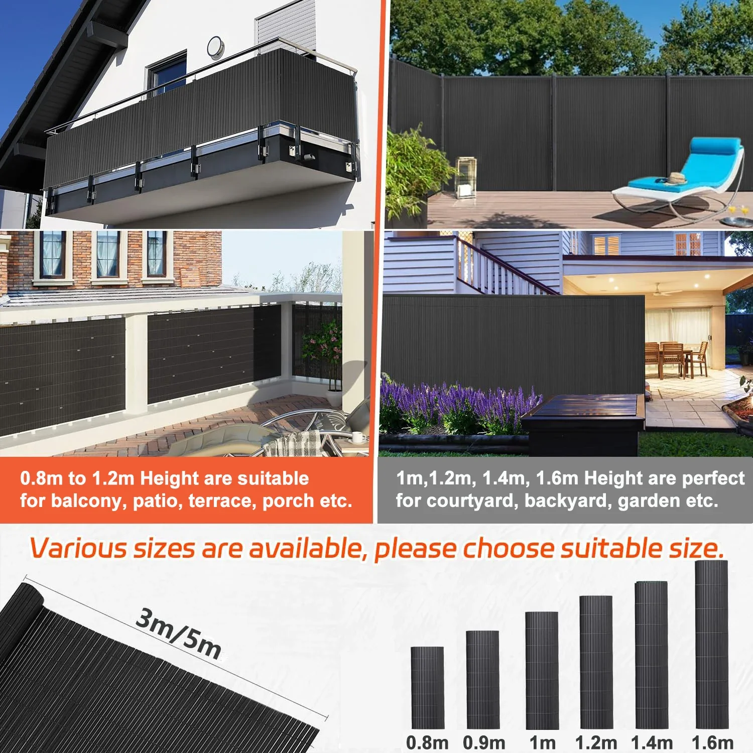 Anthrazitfarbene PVC-Balkonsichtschutzmatte 80x300cm Doppelt verstärkt, bohrfrei mit Kabelbindern, wasserdichter Windschutz für Terrasse und Garten – Detail 5
