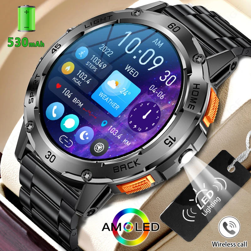 

Для Android ios новые умные часы AMOLED для мужчин с фонариком, спортивные водонепроницаемые фитнес-трекеры, Bluetooth-вызов, умные часы для мужчин + коробка