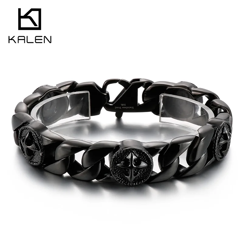 KALEN Black Color Viking Link Chain Skull Bracelet for Men Punk Stainless Steel 316L Male Charm Bangle Biker Party Jewelry Gift