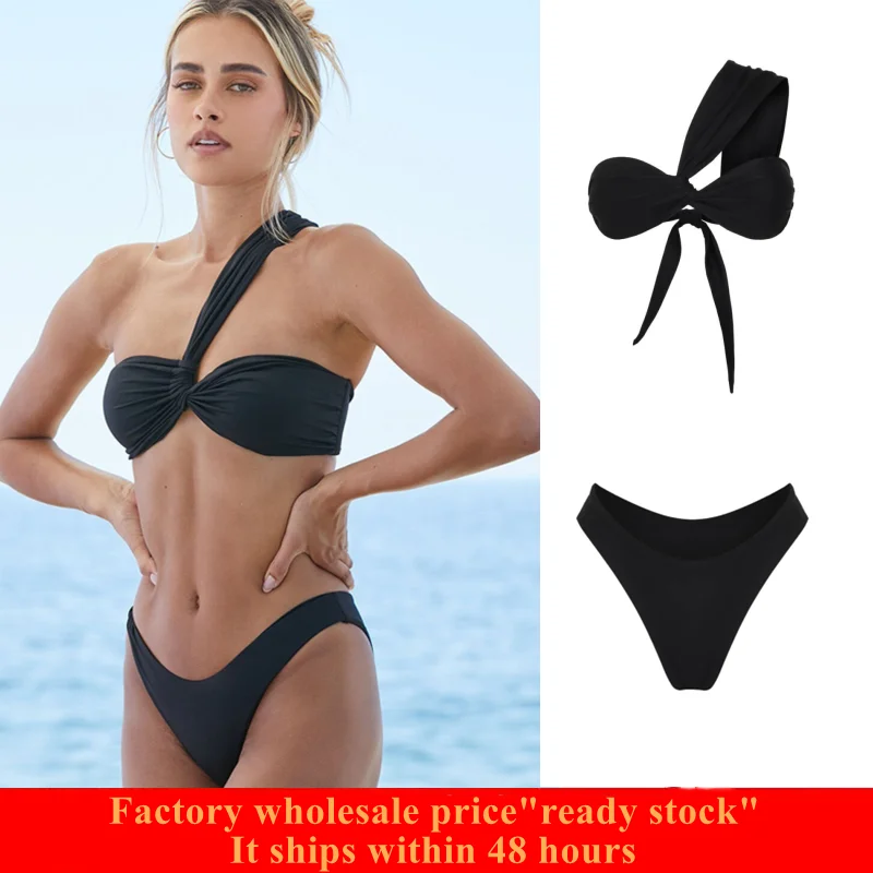 

2025 high grade new solid color split swimsuit female swimsuit one shoulder oblique shoulder solid color bikini