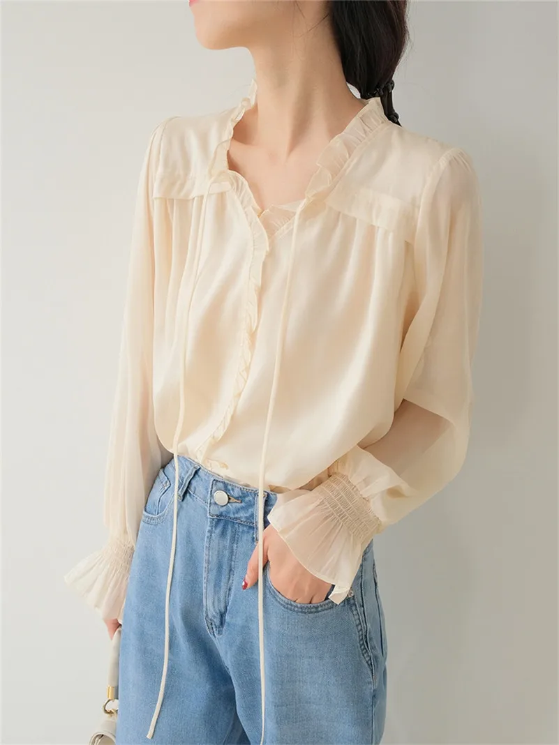 2024 New Spring Sweet Ruffled Women's Tops Rayon Lightweight breathable butterfly sleeves Chic Lovely Elegant Solid Blouses