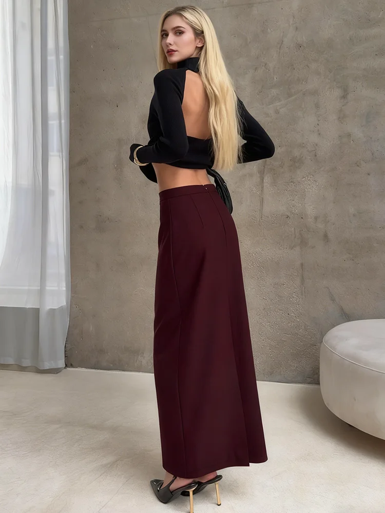 2026 Autumn/Winter Solid Color French Slim Fit Slit Skirt Women's Street Style Fashion Long Pencil Skirt Dark Brown Female Jupe