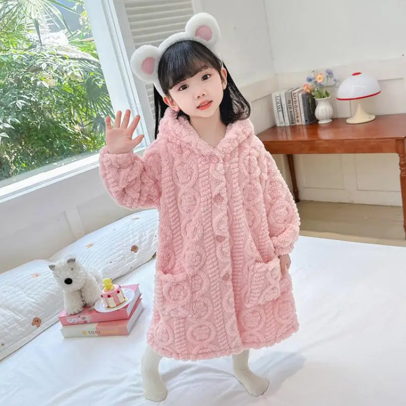 

Girl Winter Hooded Robe Autumn Coral Fleece Pajamas Mid-Length Homewear Bathrobe Child Fashion Kawaii New Style Casual Clothing