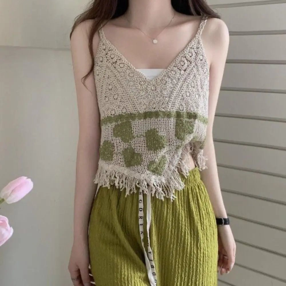 Pastoral Style Embroidery Knitted Vest Gentle Elegance Embroidery Knitted Hollow Tops Inner Tie Simple Short Sleeveless Tops