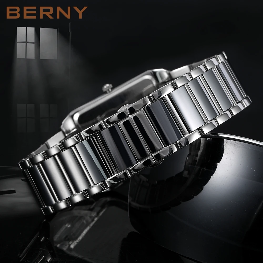 Relojes BERNY Tank para hombre, calendario cuadrado, reloj de pulsera de cuarzo de acero inoxidable, vestido impermeable de zafiro, reloj de pareja de negocios