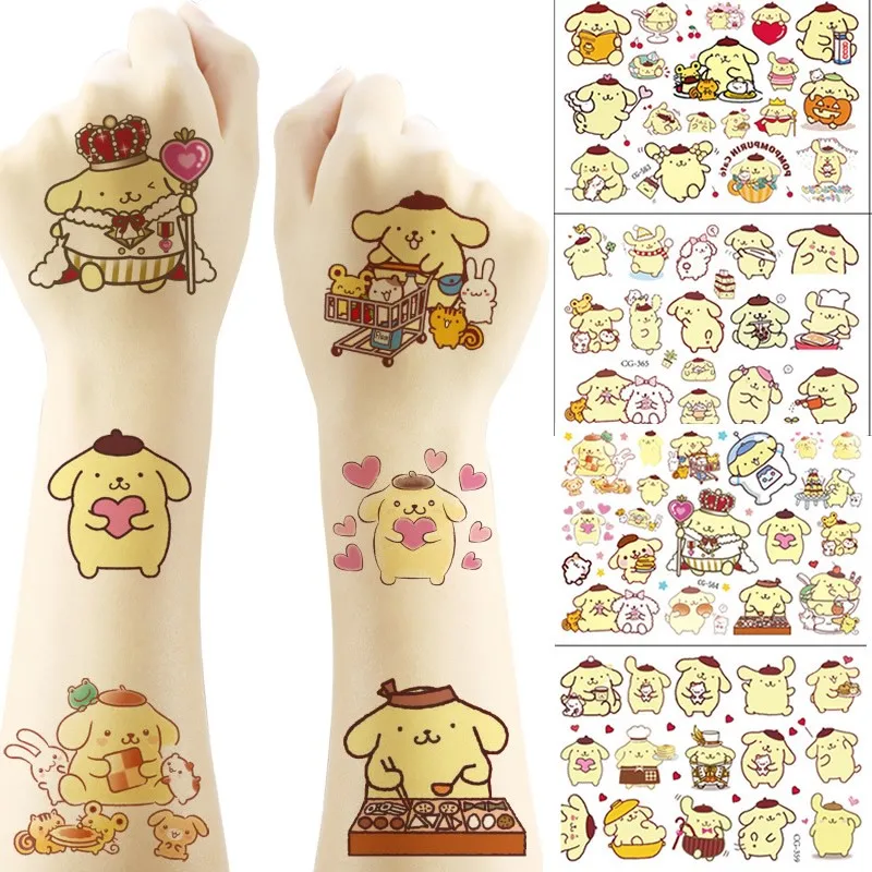 Random 2pcs Sanrio Pompom Purin Tattoo Stickers Cartoon Anime Waterproof Temporary Tattoo Sticker Kids Girl Birthday Gift Toy