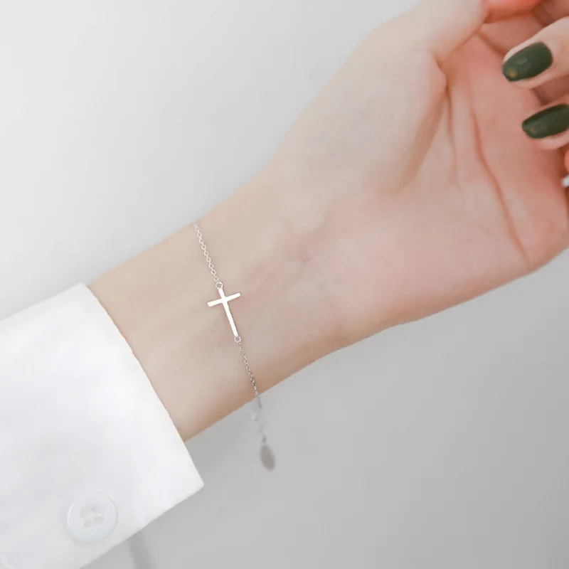 S925 Silver Plated Simple Cross Charm Bracelet&Bangle For Women Elegant Party Jewelry Gift sl349
