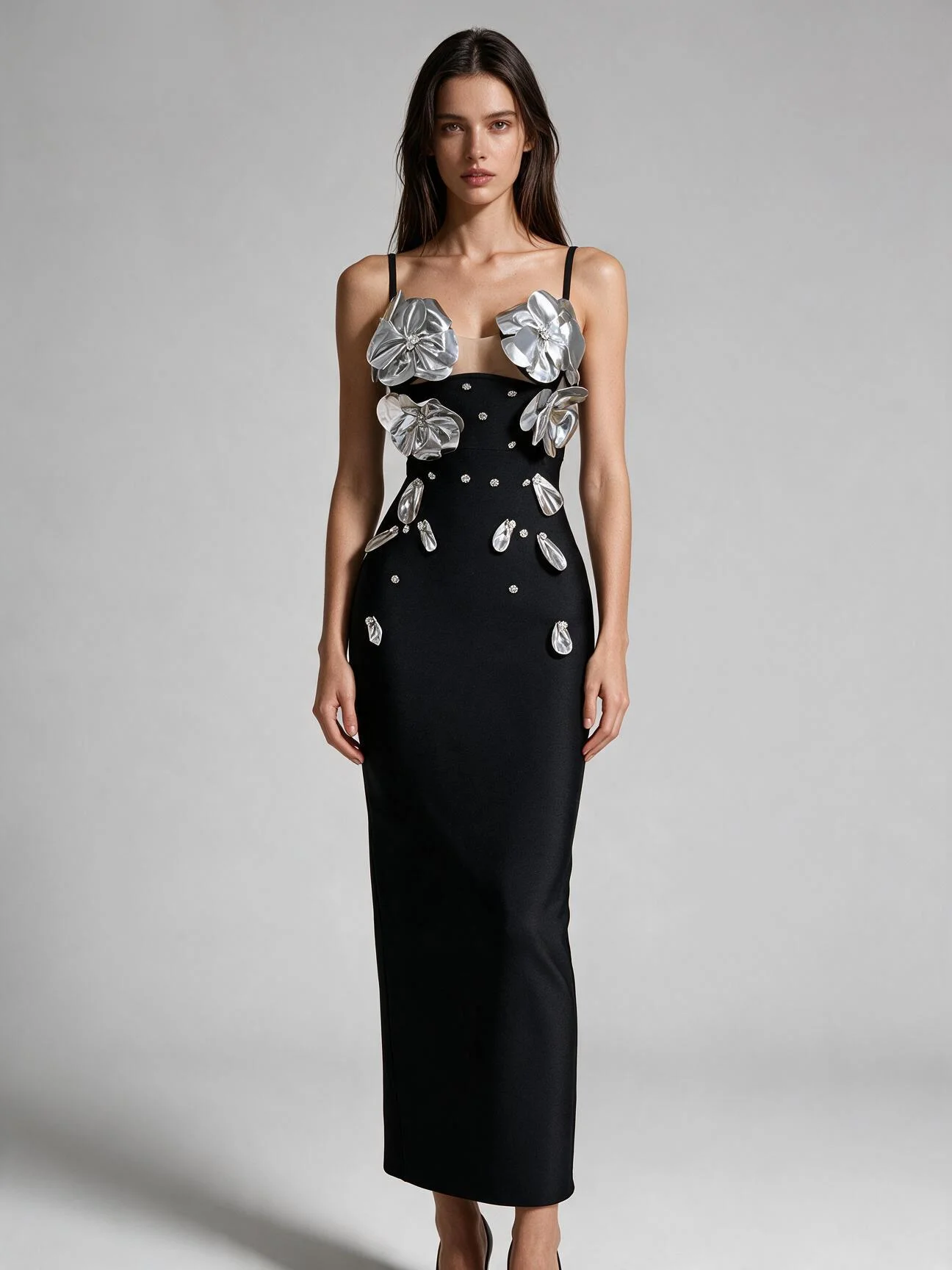 Black Slim Fit Evening Gown with Belted Fabric Thin Strap Large Silver 3D Shiny Flower Chest Design Sexy Elegant Artistic Style