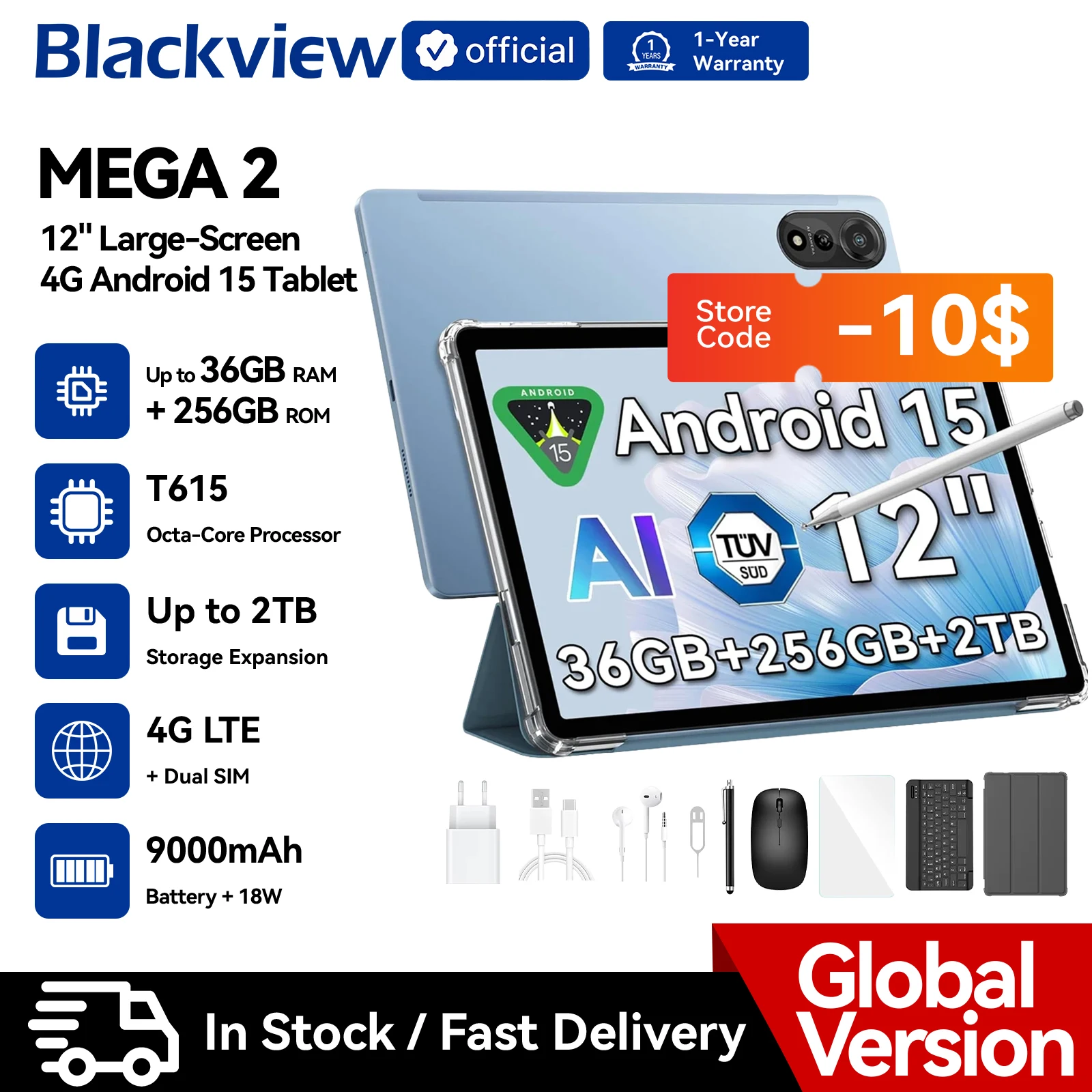 Blackview MEGA 2 Tablet PC Set With Keyboard Mouse Stylus 12'' 2K Display 12GB+24GB RAM 256GB ROM Android 15 Tablet 9000mAh
