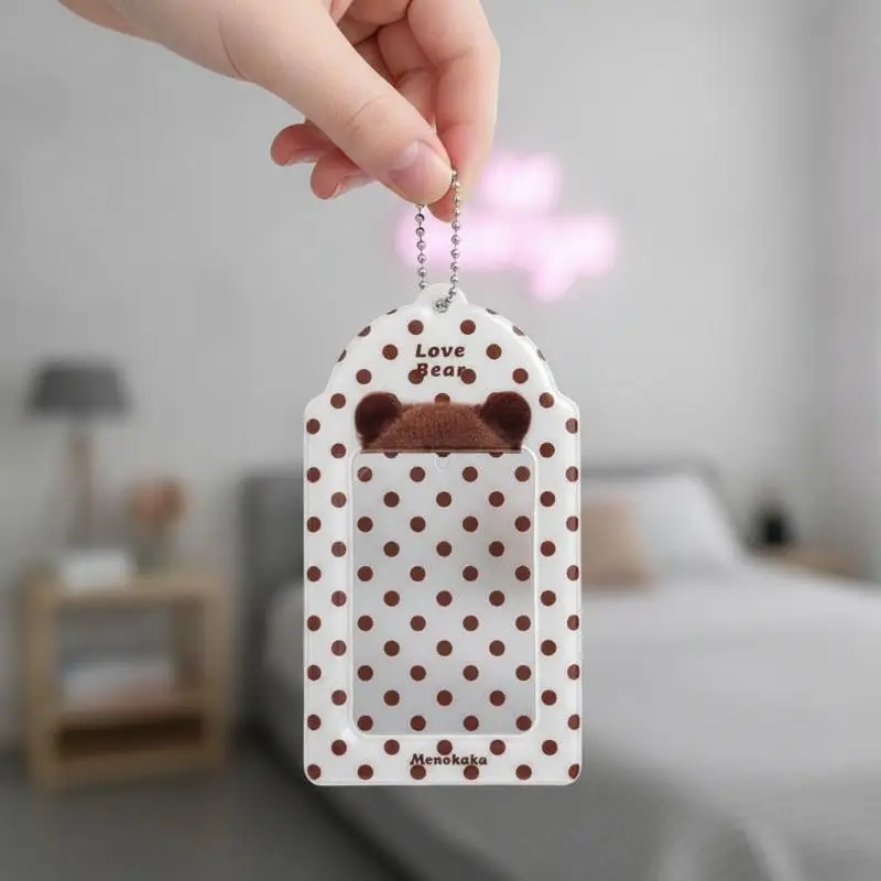 1Pc Portable PVC Photocard Holder Animal Ear Print Polka Dot Design Card Protector With Chain Bus Card Holder