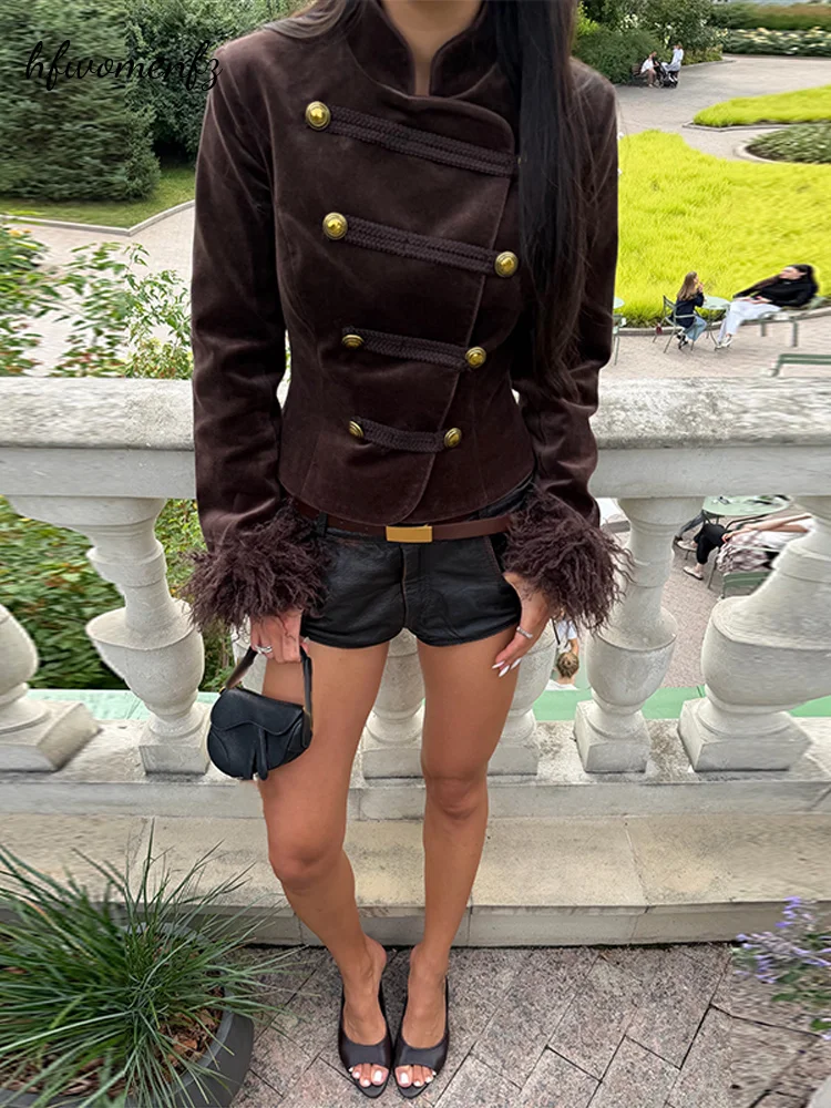 Vintage Women Velvet Cropped Jacket Stand Collar Double Breasted Gold Buttons Feather Cuff Slim Fit Coat 2026 Autumn Streetwear