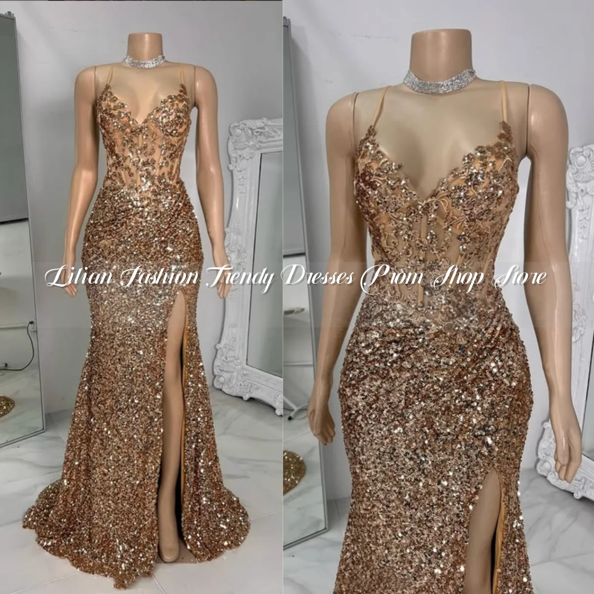 Champagne Elegant Halter Evening Dress 2025 For Women Sparkling Diamante Encrusted Sequins Sexy Split Custom vestido femininos