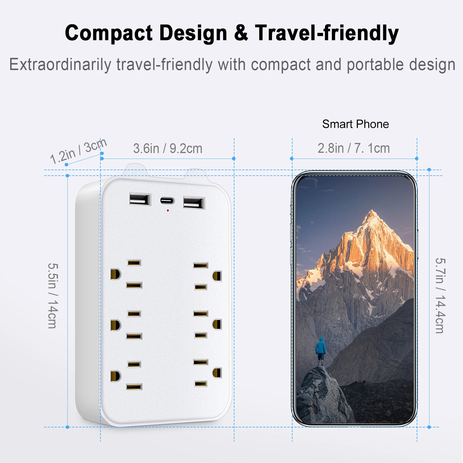 9in1Surge Protector 6Outlet Extender with 2 USB&1Type-C Ports Power Strip Multi Plug Outlets Wall Adapter Spaced for Home Travel