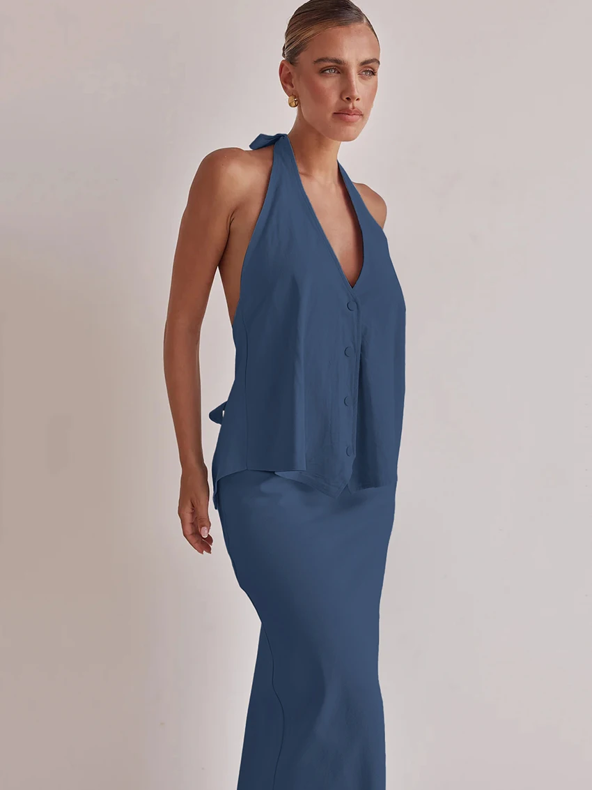 Marthaqiqi Blue Ladies Pajamas 2 Piece Suit Halter Sleepwear V-Neck Nightgowns Tank Tops Nightwear Long Skirt Casual Nightie Set