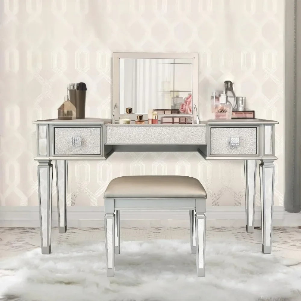 

54" Makeup Vanity Desk with Flip-top Mirror and Stool, Vanity Table Set with 2 Drawers and Storage, Vanity Mirror Table Set