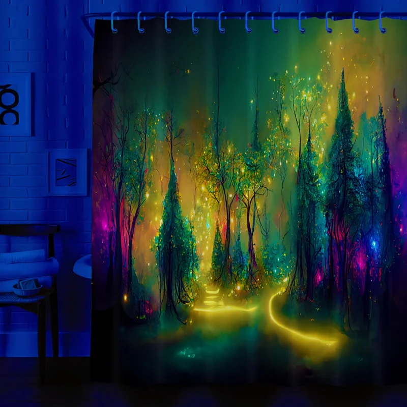 One Fluorescent Black Forest , Colorful Bright UV Light Shining Pure Polyester Waterproof Fabric Bath Curtain, With