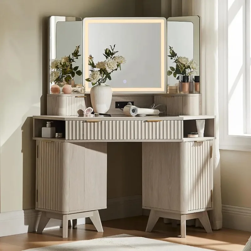 Fluted Makeup Vanity Desk with 3 Way Mirror and Lights, 48