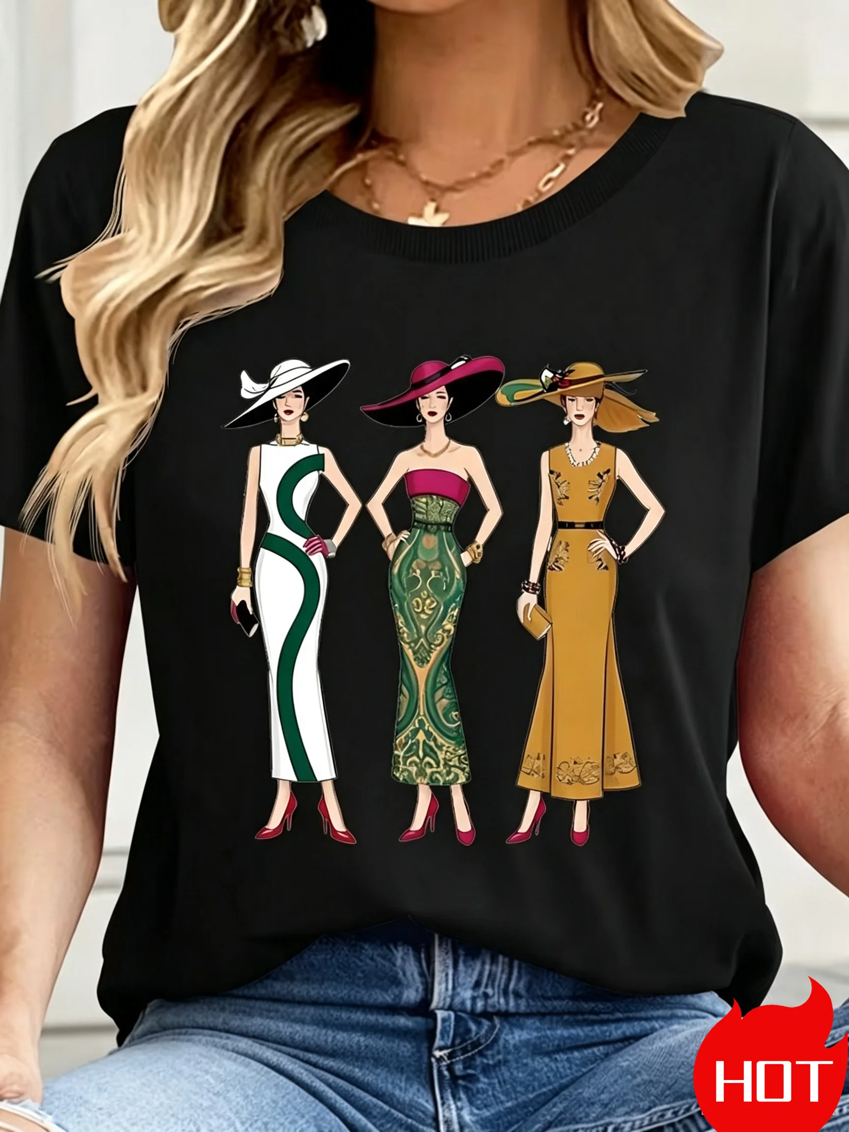 Three modern ladies Print Pattern Women's T-shirt Summer Casual Round Neck Short Sleeved Outdoor Sports Casual Women's Clothing