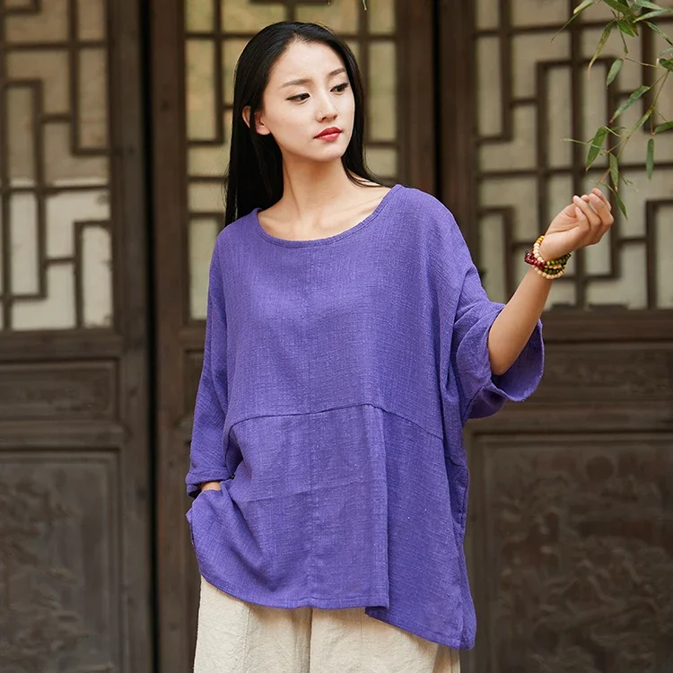 YLO Women Summer Blouse Cotton Linen Large Size Loose Oversize Blouse for Womens Solid Purple Red White Blouses Tops  2317