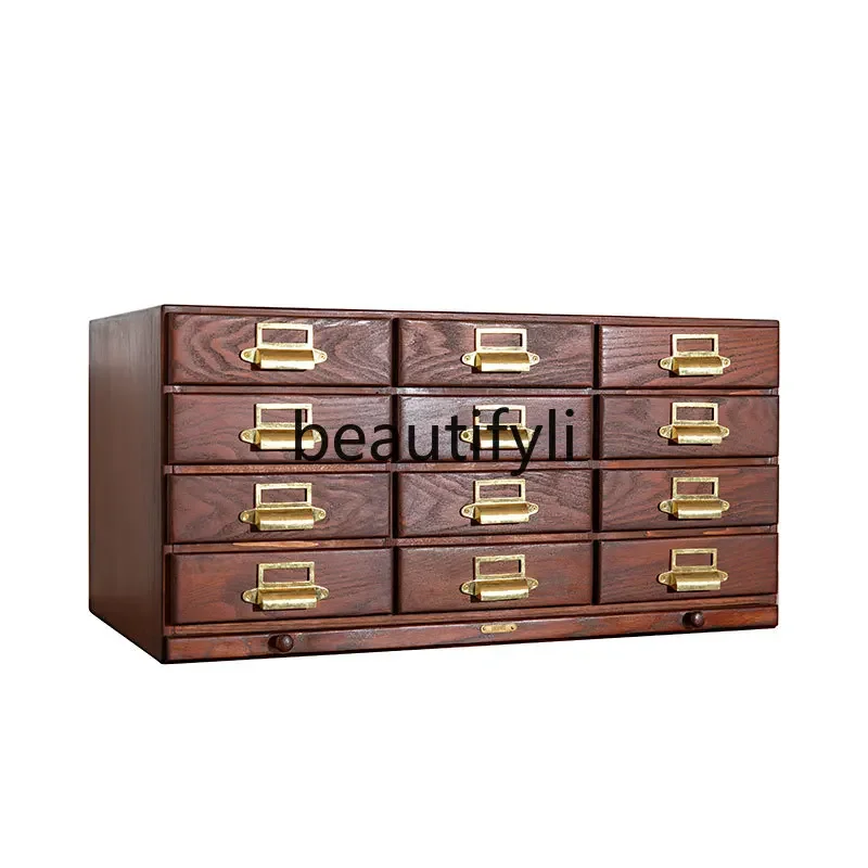 Retro nostalgic multi-grid wooden cabinet pure brass handle storage cabinet jewelry locker