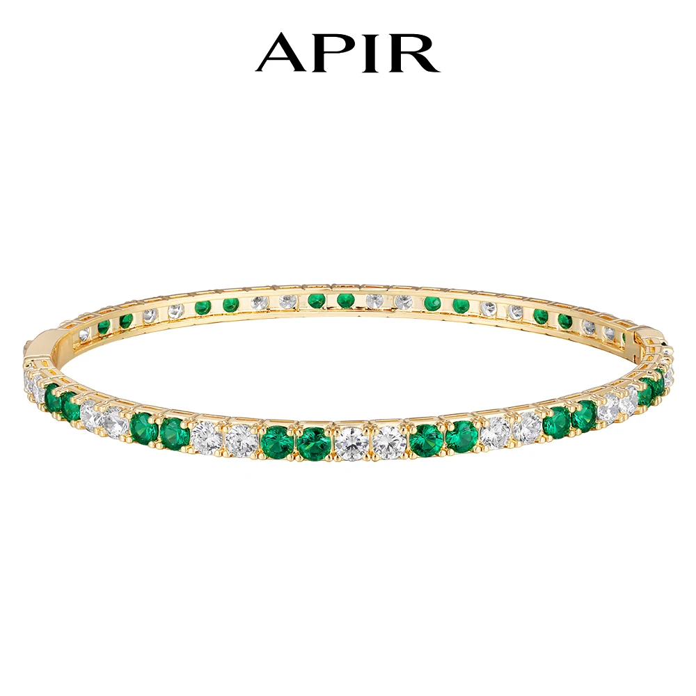 

APIR 14K Gold Plated 5A Cubic Zirconia Bangle for Women Green Zircon Sparkling Bracelets Daily Wear Stackable Luxury Jewelry