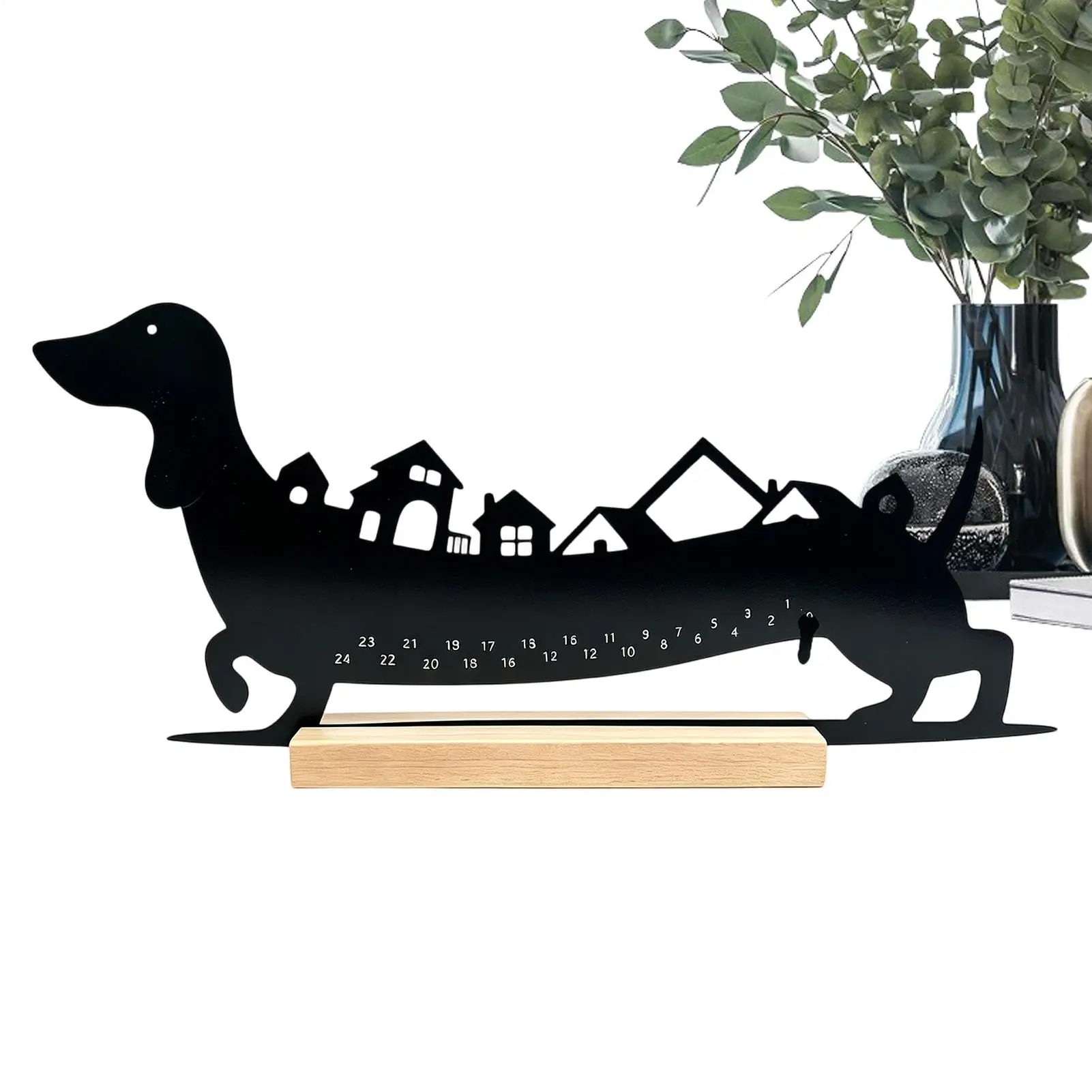 Sausage Dog Christmas Countdown Calendar 24 Days Metal Dachshund Holiday Decoration Metal Belt Wooden Base Sausage Dog Ornament
