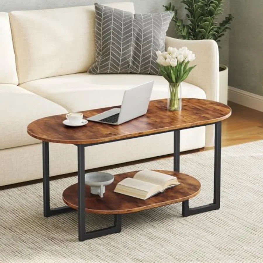 

Coffee Table for Living Room Oval Small Coffee Table with 2-Tier Open Storage Shelf Industrial Cocktail Tea Table Wooden Deskto