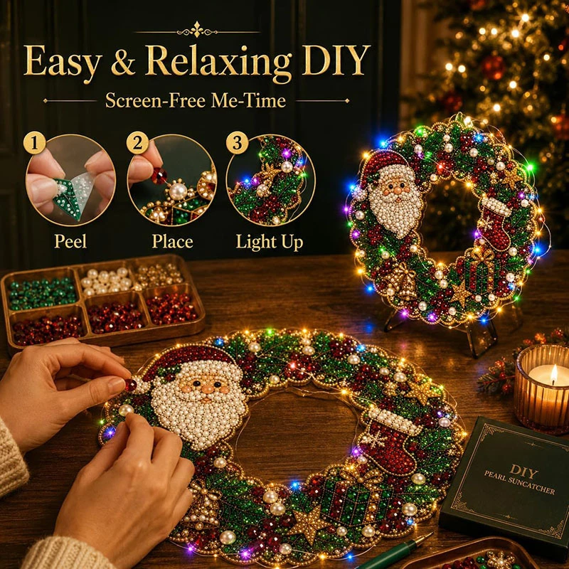 Diy Diamond Painting Flower Wreath Craft Kit Pendant With Led Light String Bow Flower Wreath Decoration Christmas For Home Decor