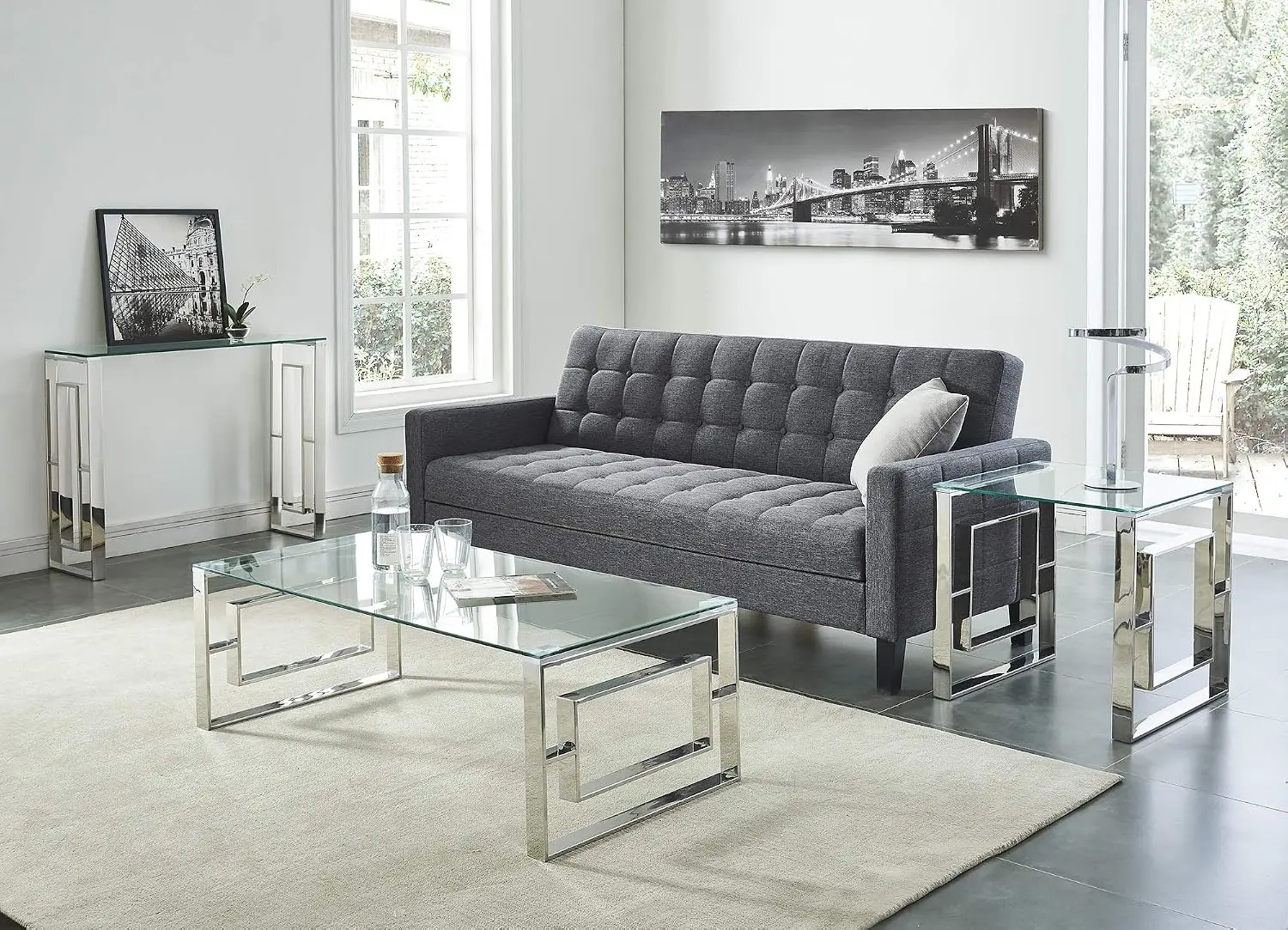 Contemporary Glass & Chrome Console Sofa Table for Living Room Entryway, Customized