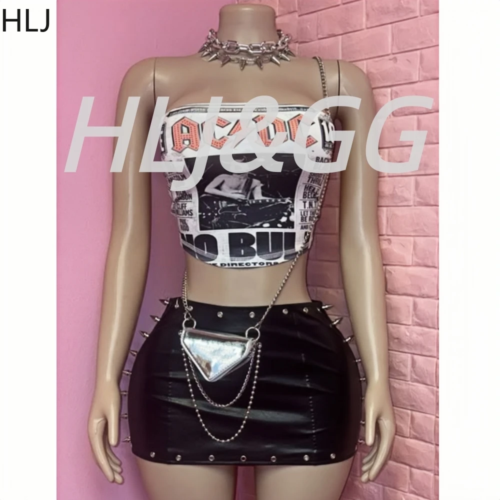 

HLJ American Retro Y2K Letter Print Two Piece Sets Women Off Shoulder Sleeveless Tube And Leather Mini Skirts Outfits Streetwear