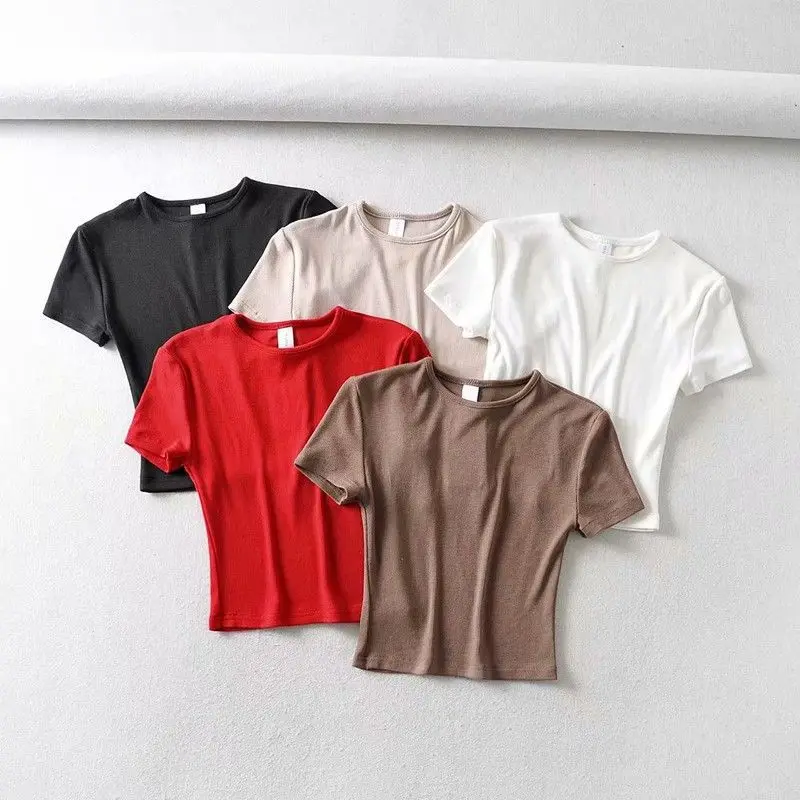 Fashion Casual 2024 Summer Woman Slim Fit t-shirt tight Cotton Short-Sleeve O-neck tee Crop Tops