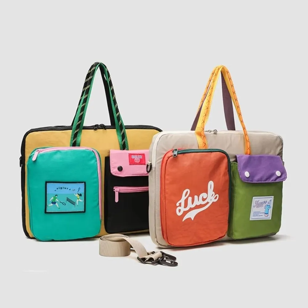 Casual Contrast Color Computer Bag Canvas Large Capacity Tote Laptop Bag Portable Multi-pockets Travel Bag