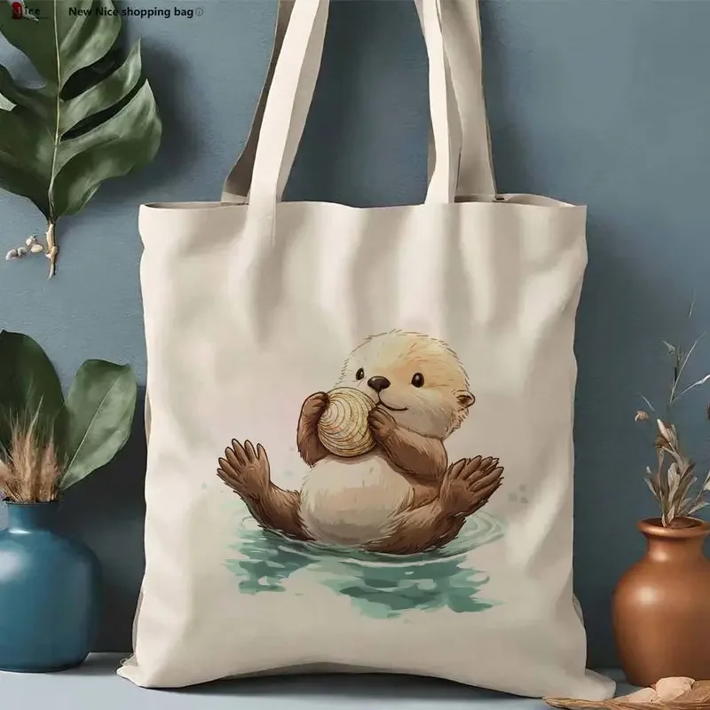 Sweet Otter Holding Heart Shell Graphic Canvas Tote Bag Bag Ideal For Daily Commute Book Trips And Everyday Shopping Needs