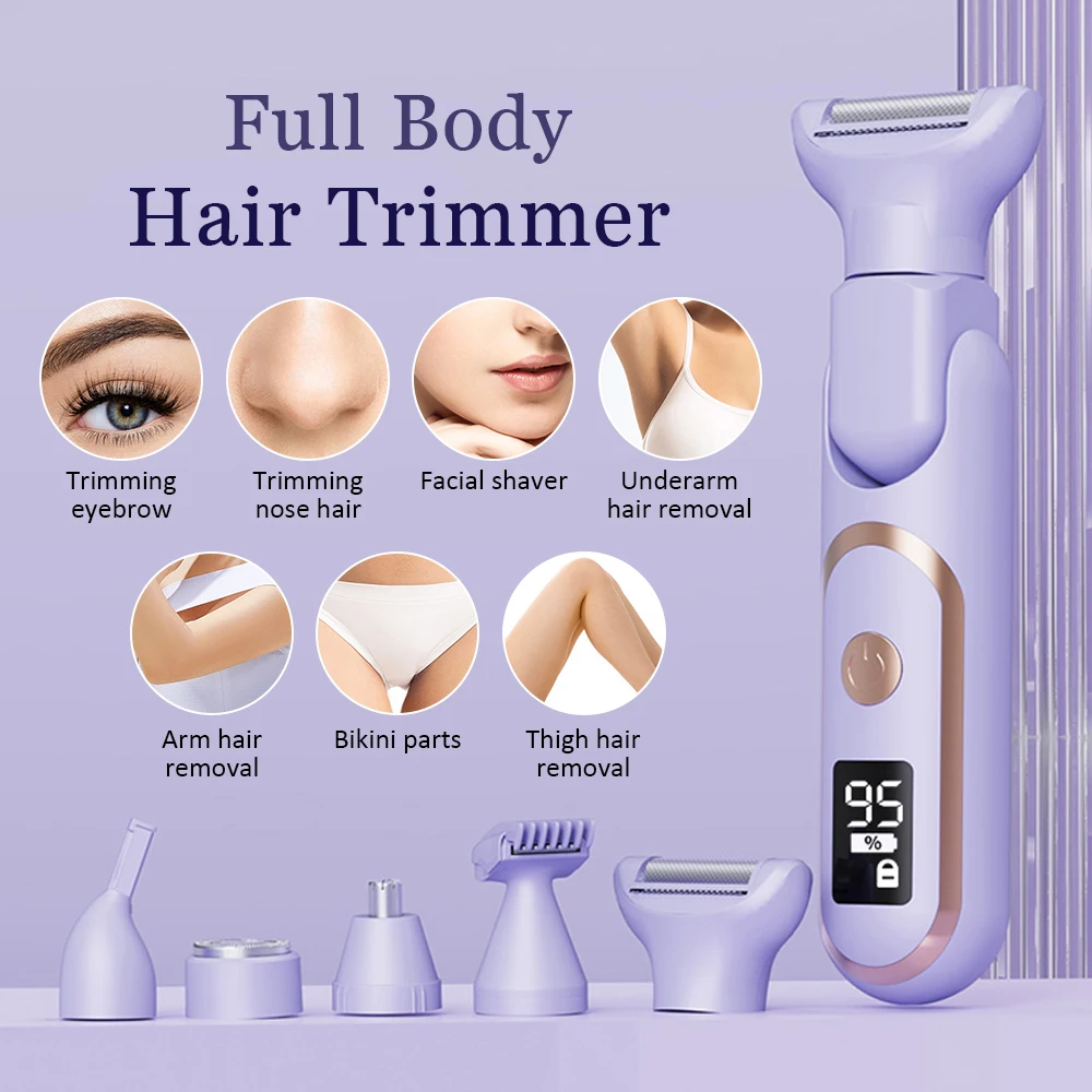 5-in-1 Electric Shaver for Women Cordless Hair Trimmer Razor Portable Hair Remover for Body Nose Facial Eyebrow Leg Bikini