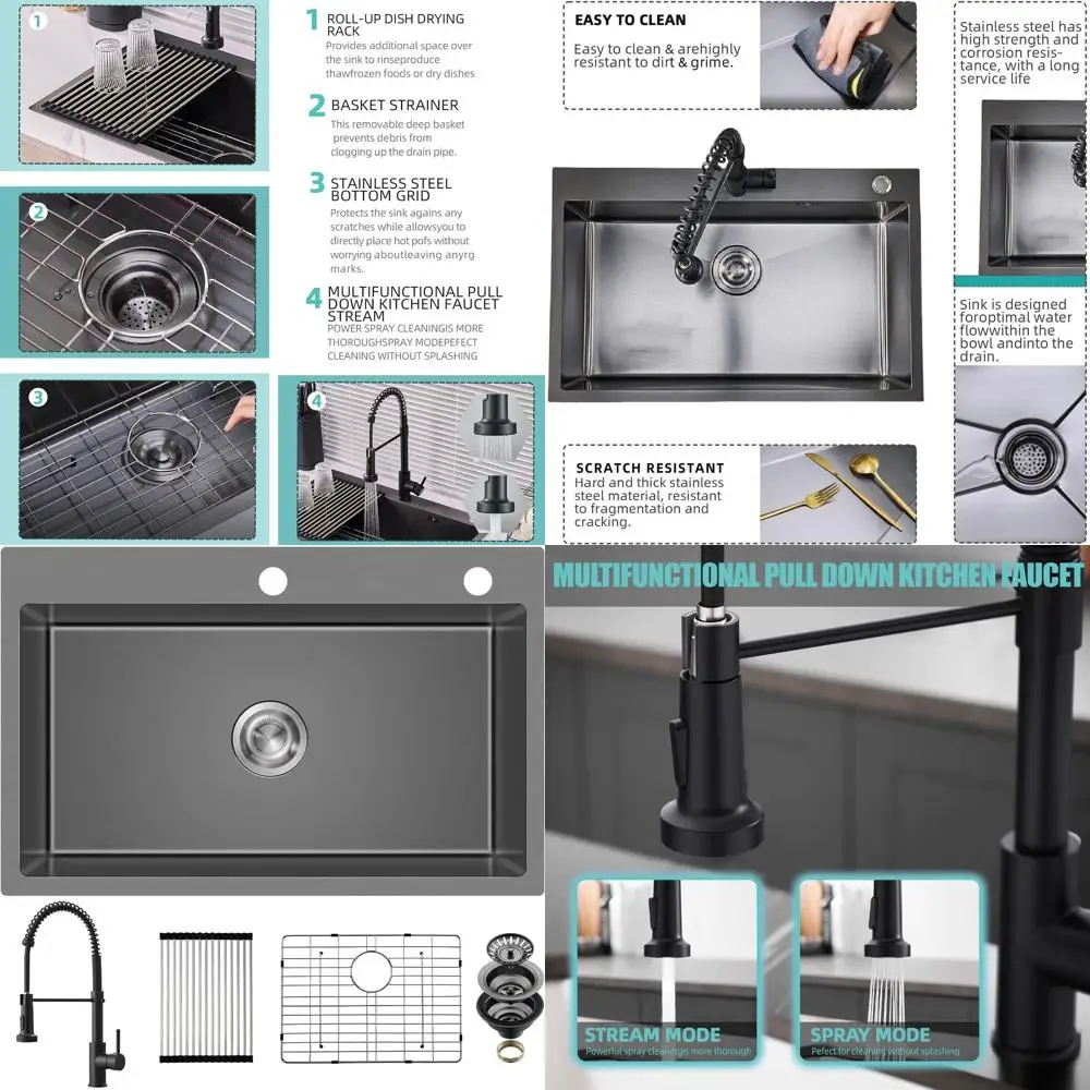 

Кухонная мойка 25 дюймов глубиной 9 дюймов, ручной работы, черная, накладная, с одной чашей, с аксессуарами