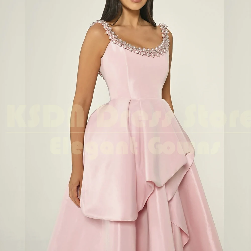 Fabulous Pink Evening Dresses Pearls Spaghetti Starp Sweep Train Gowns Special Occasion Princess Party Draped Dress