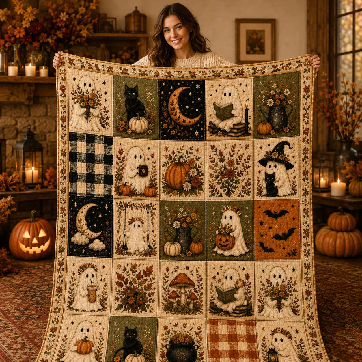 Halloween Quilt Blanket, Ghost Blanket Pumpkin Throw, Cozy Fall Blanket, Spooky Season Decor, Fall Farmhouse Bedding, Halloween Gift