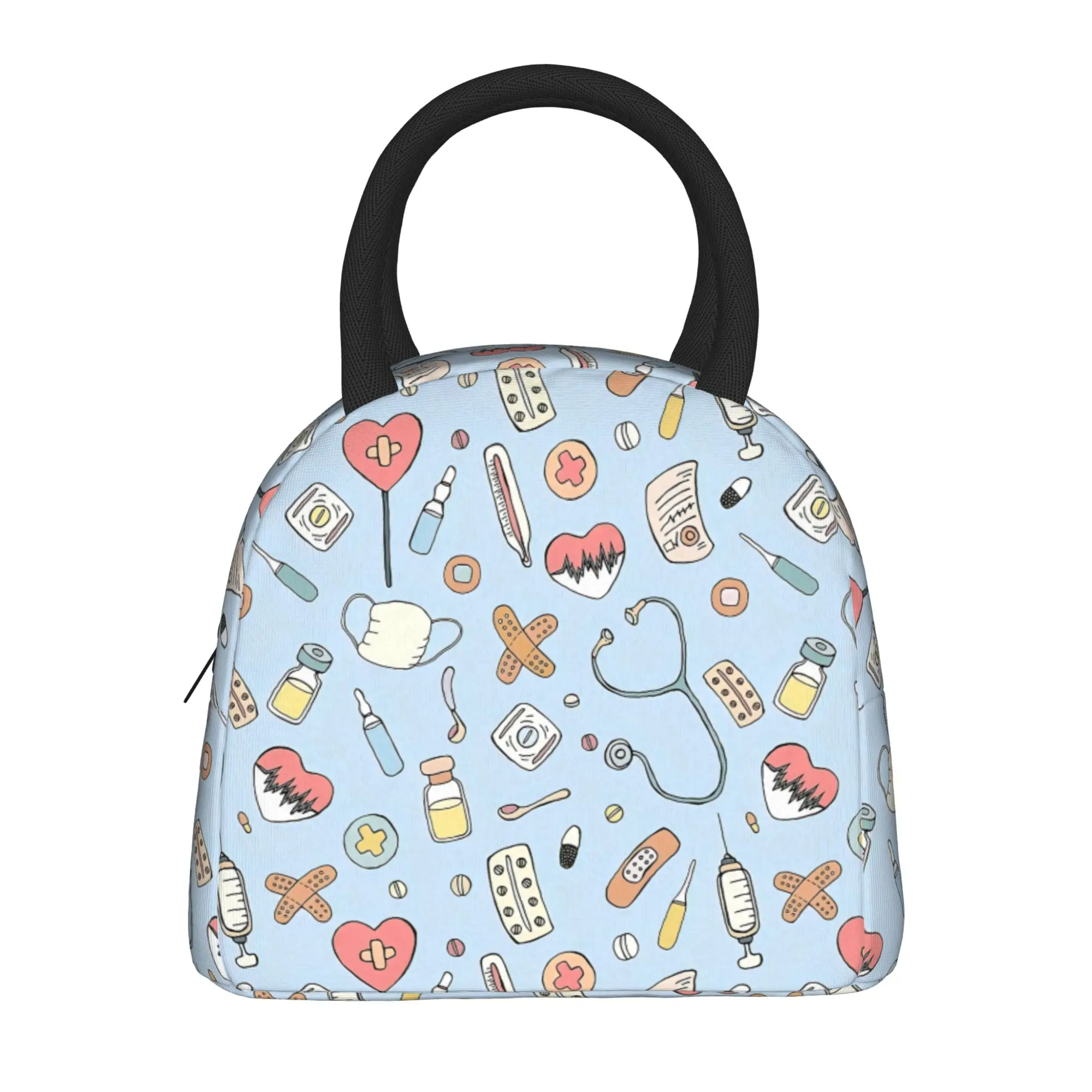 Medical Nurse Tools On Light Blue Lunch Bag For Girls Lunch Box School Cooler Bag Portable Zipper Oxford Thermal Tote Handbags