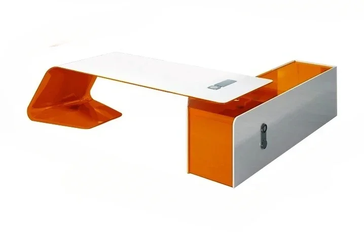 

Дизайнерский креативный стол руководителя/начальника в современном минималистичном стиле, бело-оранжевый, с технологичным дизайном