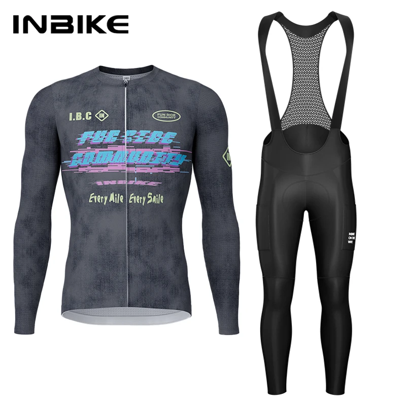 INBIKE Spring Autumn Cycling Set Cycling Jersey long Sleeve Bib Pants with Padding Mountain Road Bike Suits Biking Clothing Men