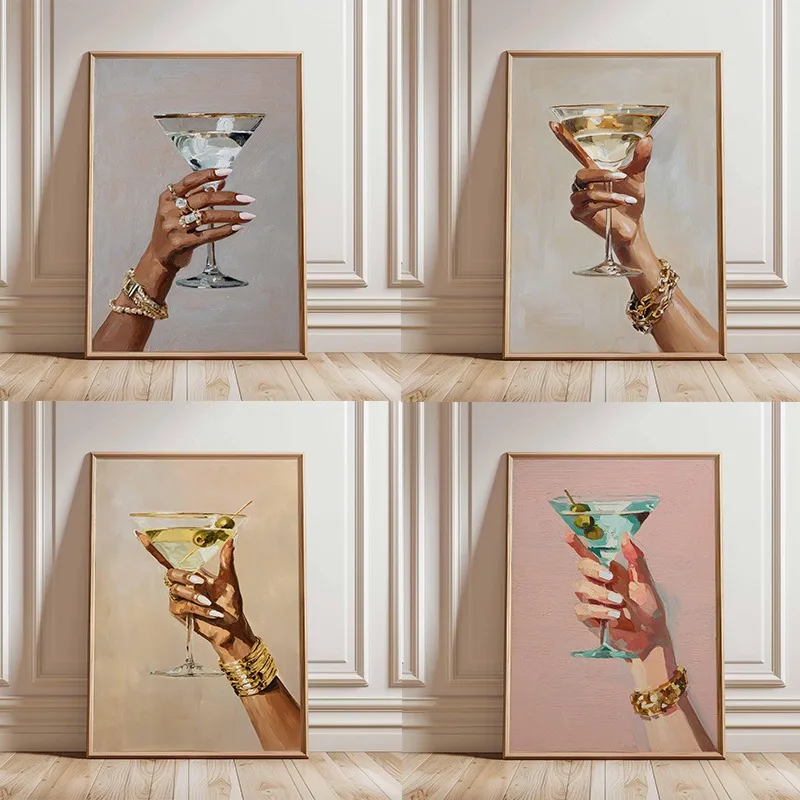 Chic Martini Glass Poster Hand Holding Cocktail Modern Champagne Canvas Painting Fashion Wall Art Bar Kitchen Room Home Decor