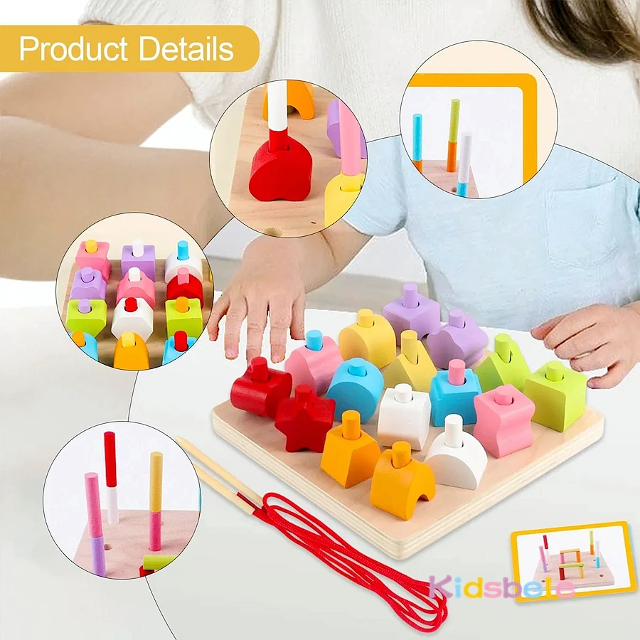 Jouet de correspondance des couleurs pour tout-petits, blocs d'empilage de perles de forme géométrique en bois avec cartes, jouet de motricité Fine Montessori, cadeau d'anniversaire