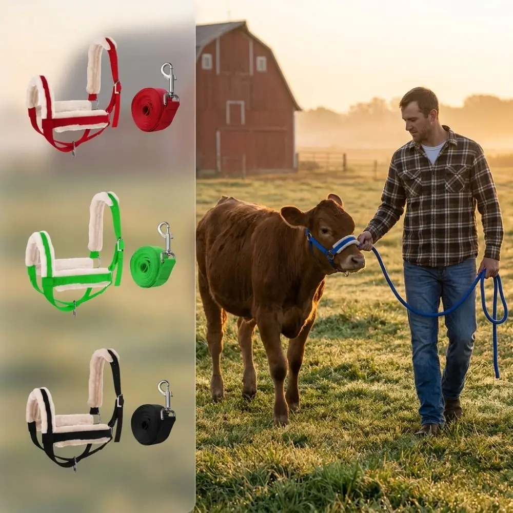 Plush Nylon Cow Halter Adjustable Fleece-lined Halter Lead Rope Set Durable Comfortable Animal Training Harness Daily Handling