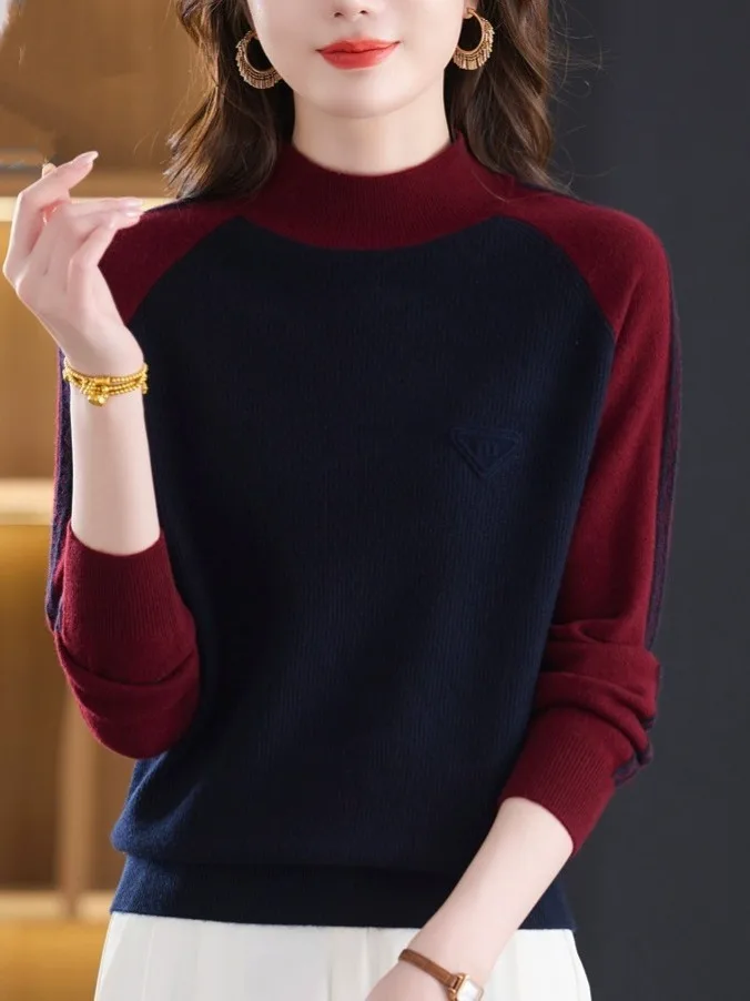 سترة محبوكة للأم من Faionable قاعدة irt Color Blo f بياقة عالية كاجوال Sle من الصوف الناعم مزيج شتوي طويل Sve