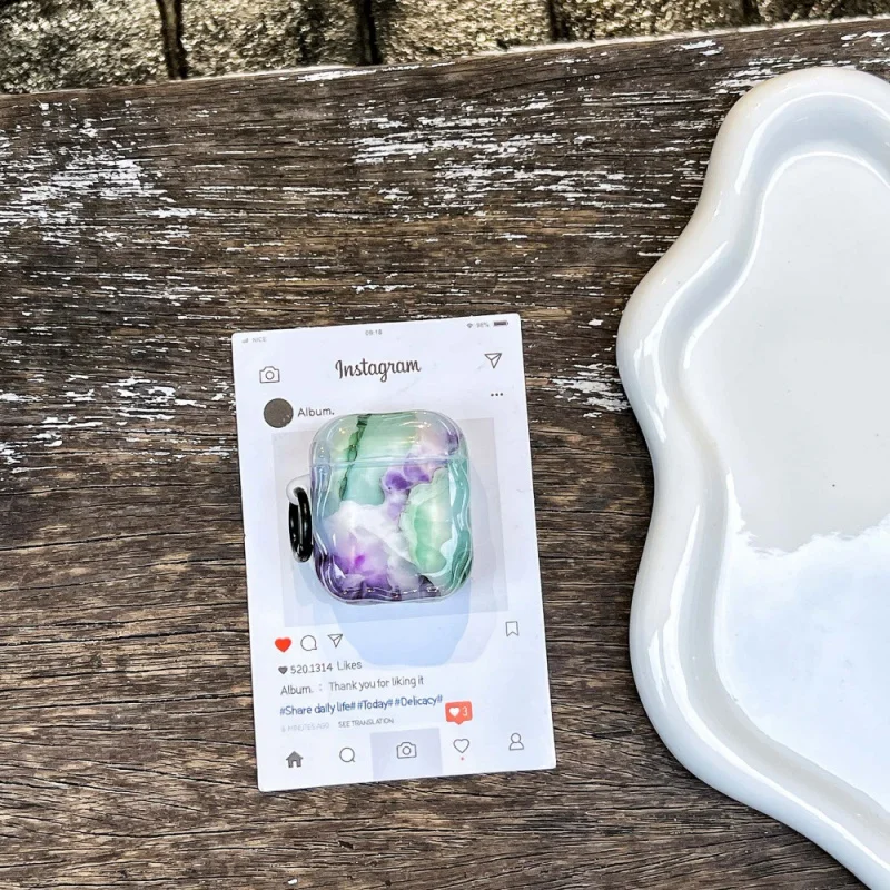 グリーンパープルマーブルパターン Apple ヘッドフォンカバー Appleairpods3/4に適していますパーソナライズされた落下防止PRO2/pro3