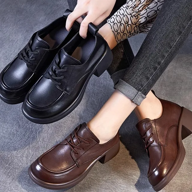 

Comfortable Leather High Heels Women's New Style Single Shoes Black Commuting Shoes Thick Bottom Small Leather Shoes