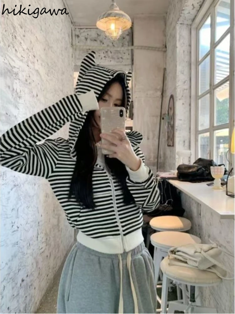 Zip Up Hoodies Women Clothing Hooded Casual Striped Coat Y2k Tops Fashion Cute Japanese Oversized Sweatshirts 2024 Ropa Mujer