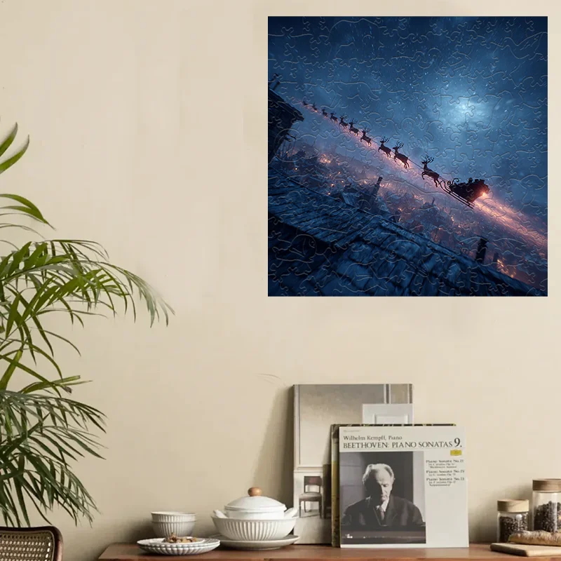 Rompecabezas de madera de Papá Noel y Reno bajo el cielo estrellado, divertido juego de fiesta, manualidades educativas DIY para adultos.