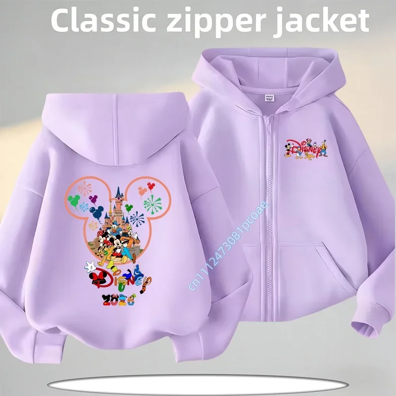 Disney Kawaii 2026 Fashion Disneyland Trip Vacation Clothes Caricature Zip Hoodie Children Top Cartoons Girl Clothes Boy Kids view 6