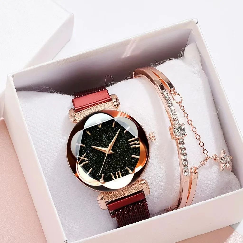 Iron magnet starry sky Roman faced women's watch magnet Milan with rhinestone women's watch bracelet set gift table